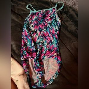 blue and pink spaghetti thin strap gymnastics leotard